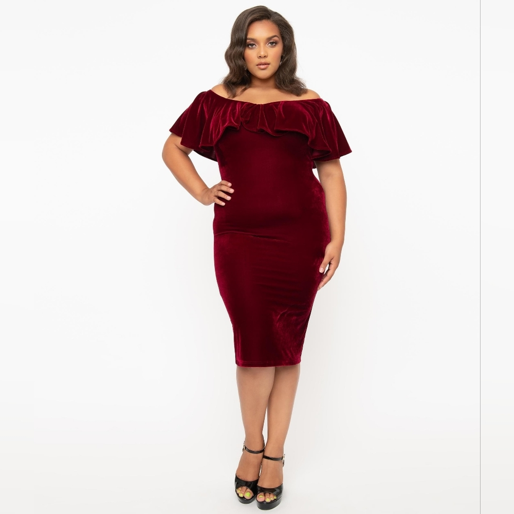 Unique Vintage Plus 1950s Burgundy Red Velvet Sophia Wiggle Sheath Dress